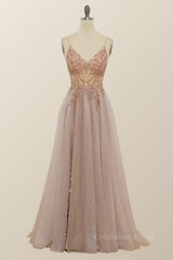 Simple Dress, Rhinestones See Through Champagne Long Party Dress