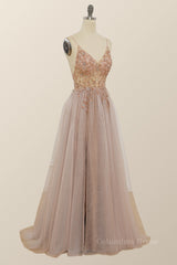 White Prom Dress, Rhinestones See Through Champagne Long Party Dress