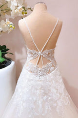 Wedding Dresses Beautiful, Romantic Long A-line Spaghetti Straps Appliques Lace Tulle Wedding Dress