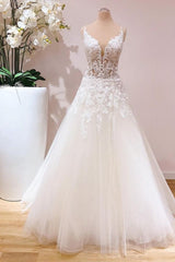 Wedding Dresses Boho, Romantic Long A-line Spaghetti Straps Appliques Lace Tulle Wedding Dress