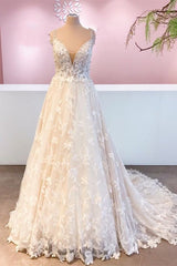 Wedding Dress With Sleeves, Romantic Long A-Line Sweetheart Appliques Lace Tulle Wedding Dress