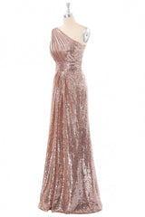 Bridal Dress, Rose Gold Sequin One Shoulder Long Bridesmaid Dress