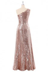 Prom Gown, Rose Gold Sequin One Shoulder Long Bridesmaid Dress