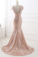 Prom Dress Shopping, Rose Gold Sequins Long Bridesmaid Dress with Cowl Back