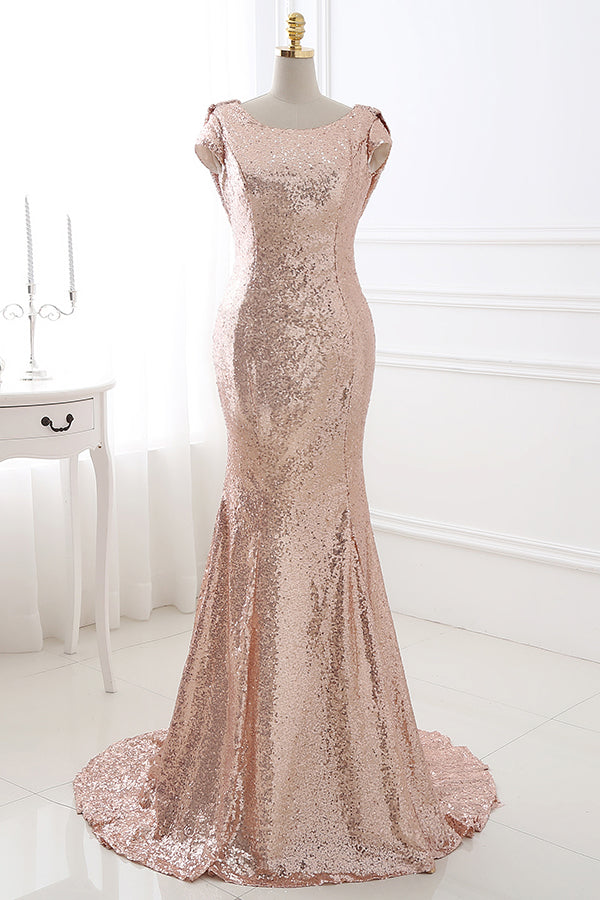 Prom Dress Inspiration, Rose Gold Sequins Long Bridesmaid Dress with Cowl Back
