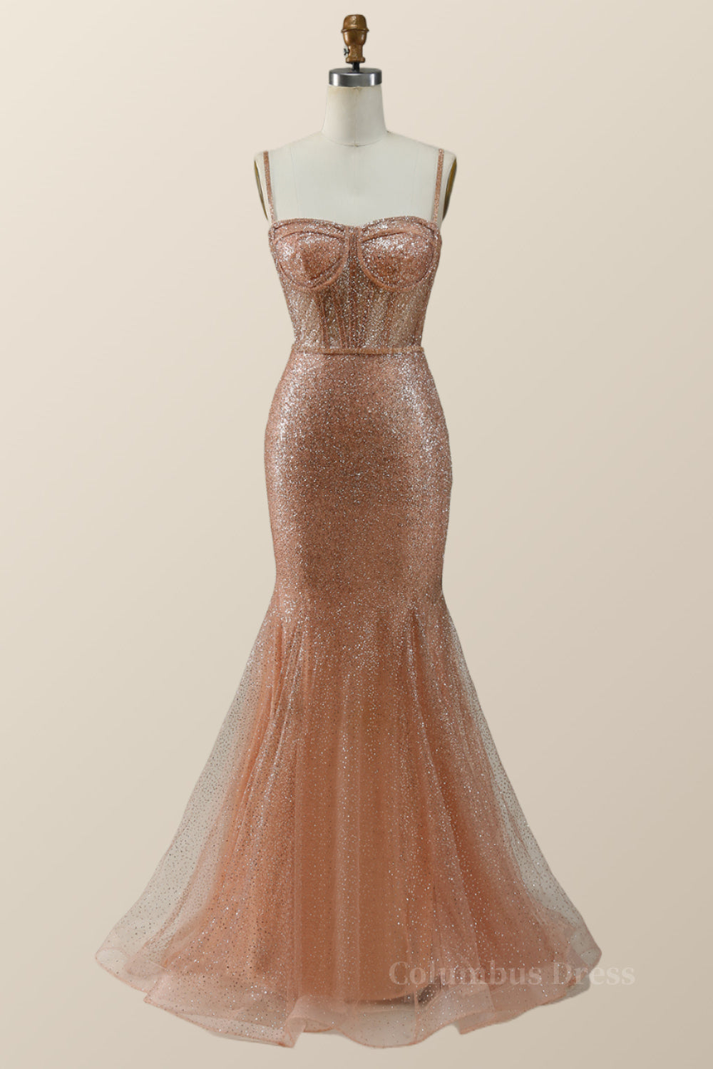 Party Dress Aesthetic, Rose Gold Shimmer Mermaid Long Formal Dress