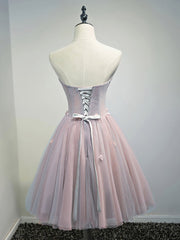 Formal Dress With Sleeves, Rose Pink Short Floral Prom Dresses, Short Graduation Homecoming Dress with Beaded Flower