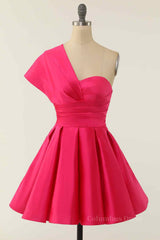 Party Dresses With Boots, Rose Red A-line Asymmetrical Pleated Mini Homecoming Dress