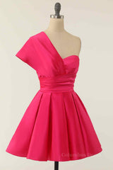 Prom Dress Red, Rose Red A-line Asymmetrical Pleated Mini Homecoming Dress