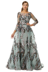 Formal Dress Outfit, Round A-line Floor-length Long Sleeve Beading Appliques Lace Prom Dresses