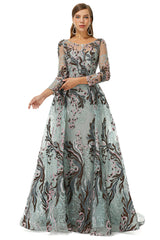 Formal Dressing Style, Round A-line Floor-length Long Sleeve Beading Appliques Lace Prom Dresses