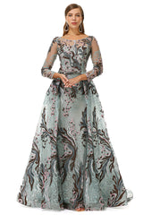Formal Dress Style, Round A-line Floor-length Long Sleeve Beading Appliques Lace Prom Dresses