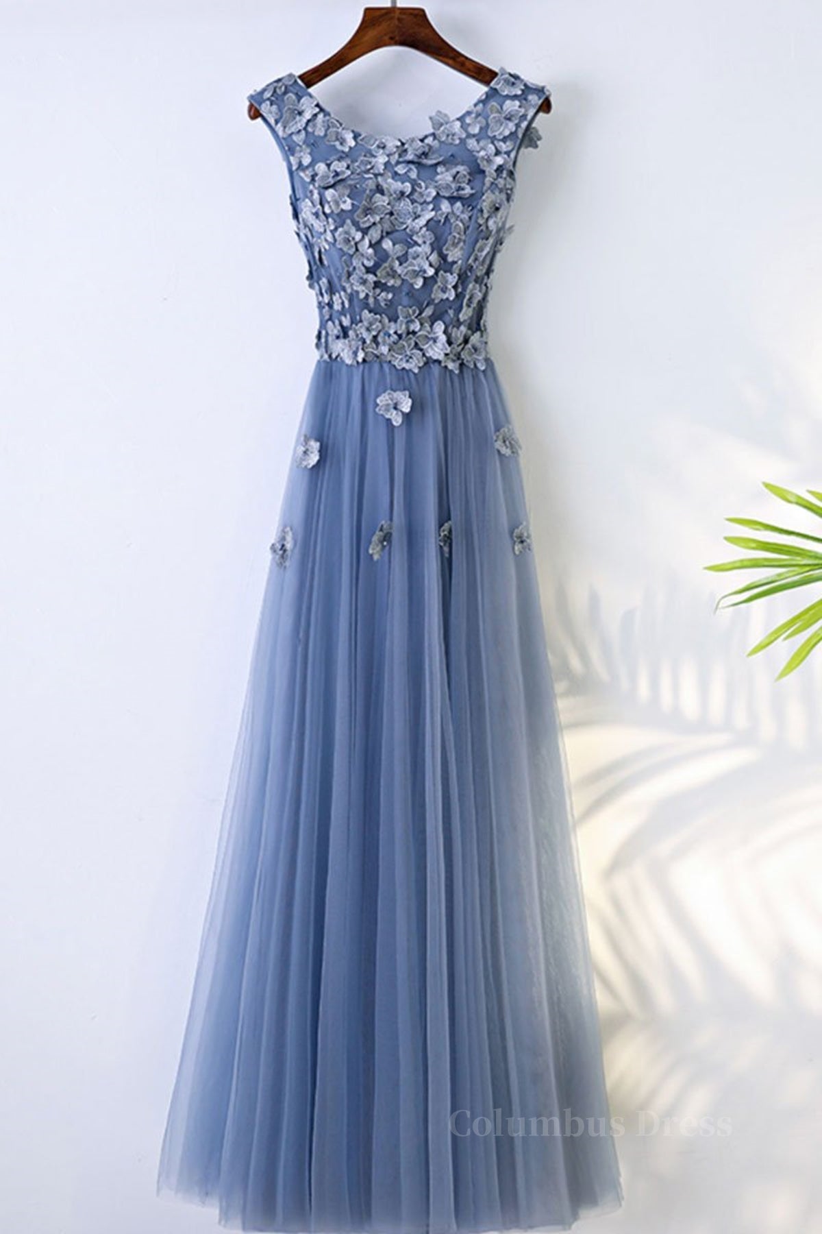 Silk Prom Dress, Round Neck Blue Lace Floral Long Prom Dresses, Blue Lace Long Formal Evening Dresses