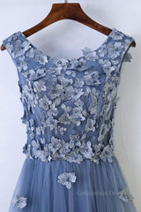 Chic Dress Classy, Round Neck Blue Lace Floral Long Prom Dresses, Blue Lace Long Formal Evening Dresses