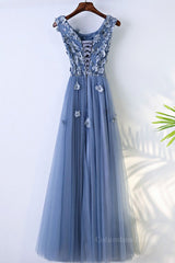 Night Club Outfit, Round Neck Blue Lace Floral Long Prom Dresses, Blue Lace Long Formal Evening Dresses