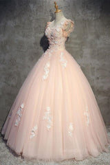 Evening Dress Petite, Round Neck Cap Sleeves Lace Pink Long Prom Dress, Pink Lace Formal Dress, Pink Evening Dress, Ball Gown