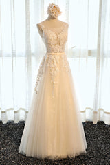 Long Gown, Round Neck Champagne Lace Prom Dresses, Champagne Lace Formal Evening Bridesmaid Dresses