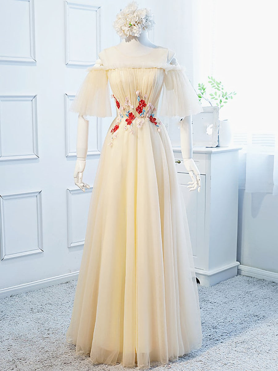Formal Dress Modest, Round Neck Floral Champagne Long Prom Dress, Champagne Long Formal Bridesmaid Dresses