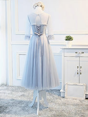 Party Dress Look, Round Neck Long Sleeves Blue Prom Dresses, Long Sleeves Blue Formal Bridesmaid Evening Dresses