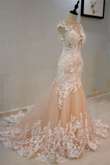 Prom Dress Backless, Round Neck Mermaid Champagne Lace Long Prom Dresses,Sexy Formal Dress,Graduation Dresses