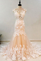 Prom Dresses Backless, Round Neck Mermaid Champagne Lace Long Prom Dresses,Sexy Formal Dress,Graduation Dresses