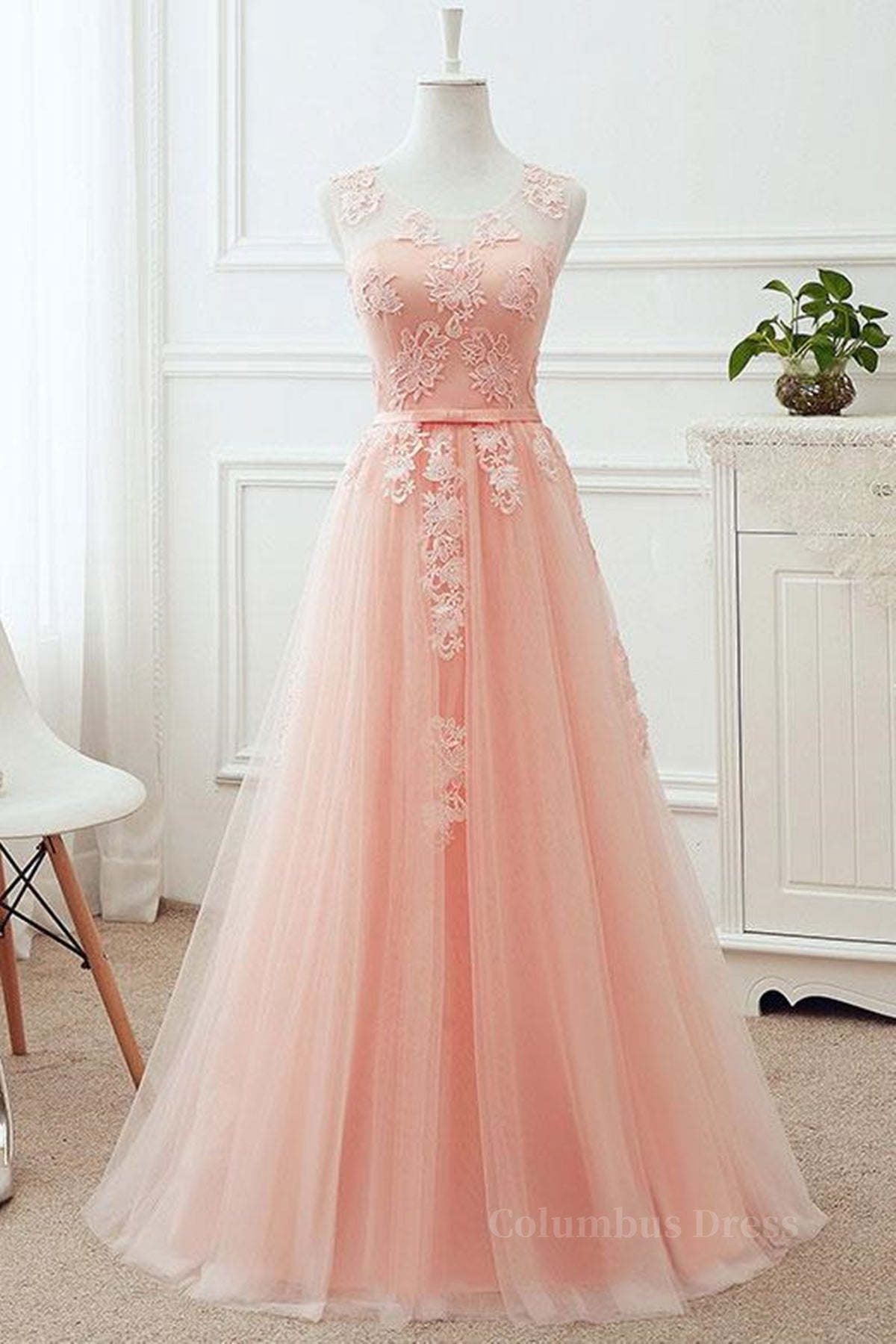 Classy Gown, Round Neck Pink Lace Long Prom Dresses, Pink Lace Bridesmaid Dresses