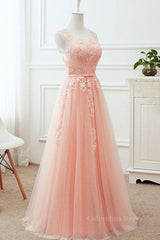 Dress Casual, Round Neck Pink Lace Long Prom Dresses, Pink Lace Bridesmaid Dresses