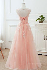 Dressy Outfit, Round Neck Pink Lace Long Prom Dresses, Pink Lace Bridesmaid Dresses
