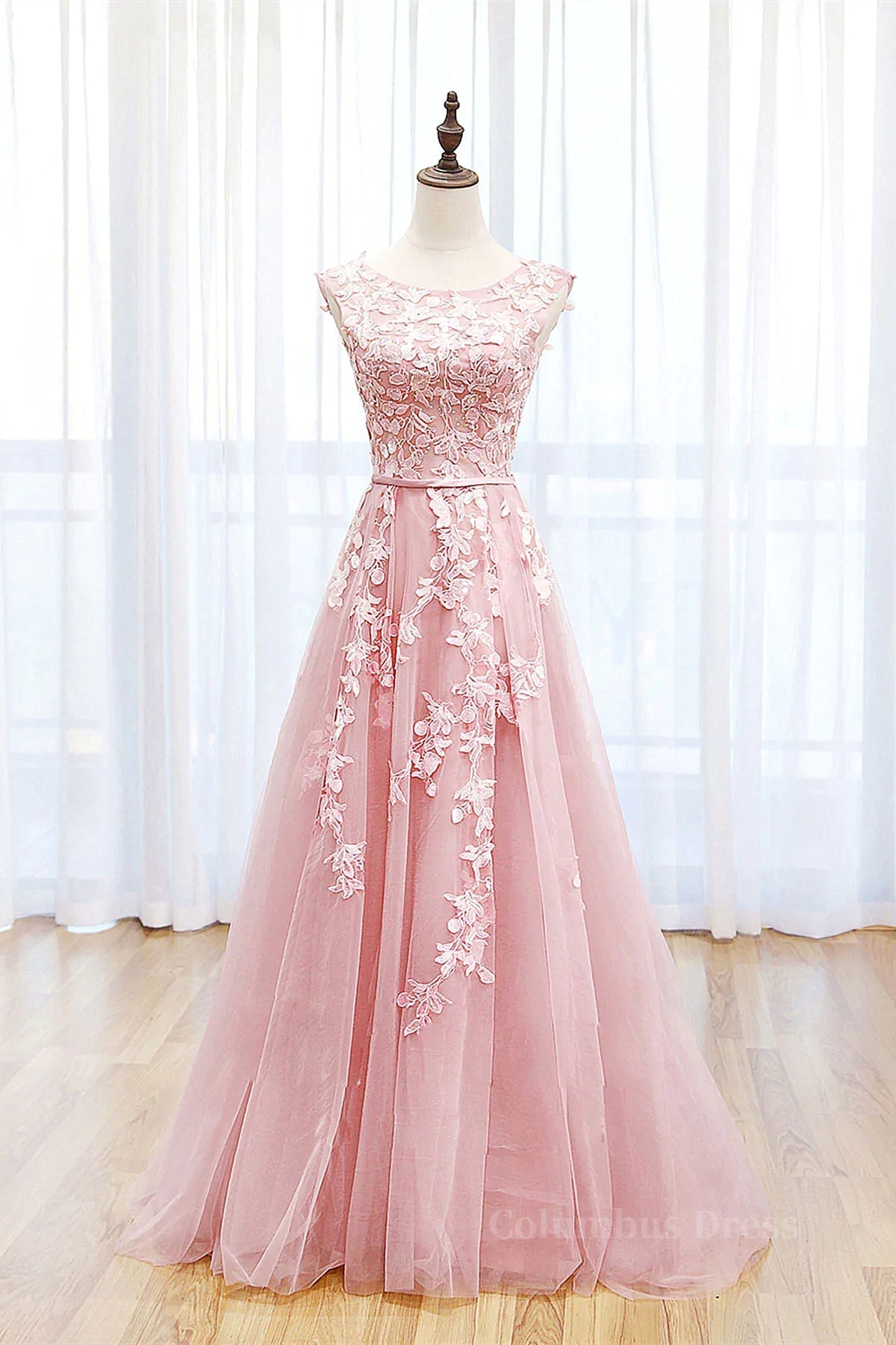 Formal Dresses For Ladies Over 53, Round Neck Pink Lace Prom Dresses, Pink Lace Long Formal Evening Dresses