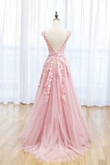 Light Blue Dress, Round Neck Pink Lace Prom Dresses, Pink Lace Long Formal Evening Dresses