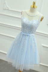 Party Dress Pattern, Round Neck Short Blue Lace Prom Dresses, Short Blue Lace Homecoming Graduation Dresses