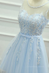 Party Dress Patterns, Round Neck Short Blue Lace Prom Dresses, Short Blue Lace Homecoming Graduation Dresses