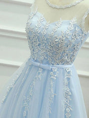 Party Dress Midi With Sleeves, Round Neck Short Blue Lace Prom Dresses, Short Light Blue Lace Formal Graduation Dresses