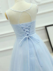 Strapless Prom Dress, Round Neck Short Blue Lace Prom Dresses, Short Light Blue Lace Formal Graduation Dresses