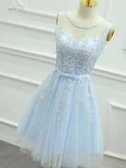 Fancy Outfit, Round Neck Short Blue Lace Prom Dresses, Short Light Blue Lace Formal Graduation Dresses