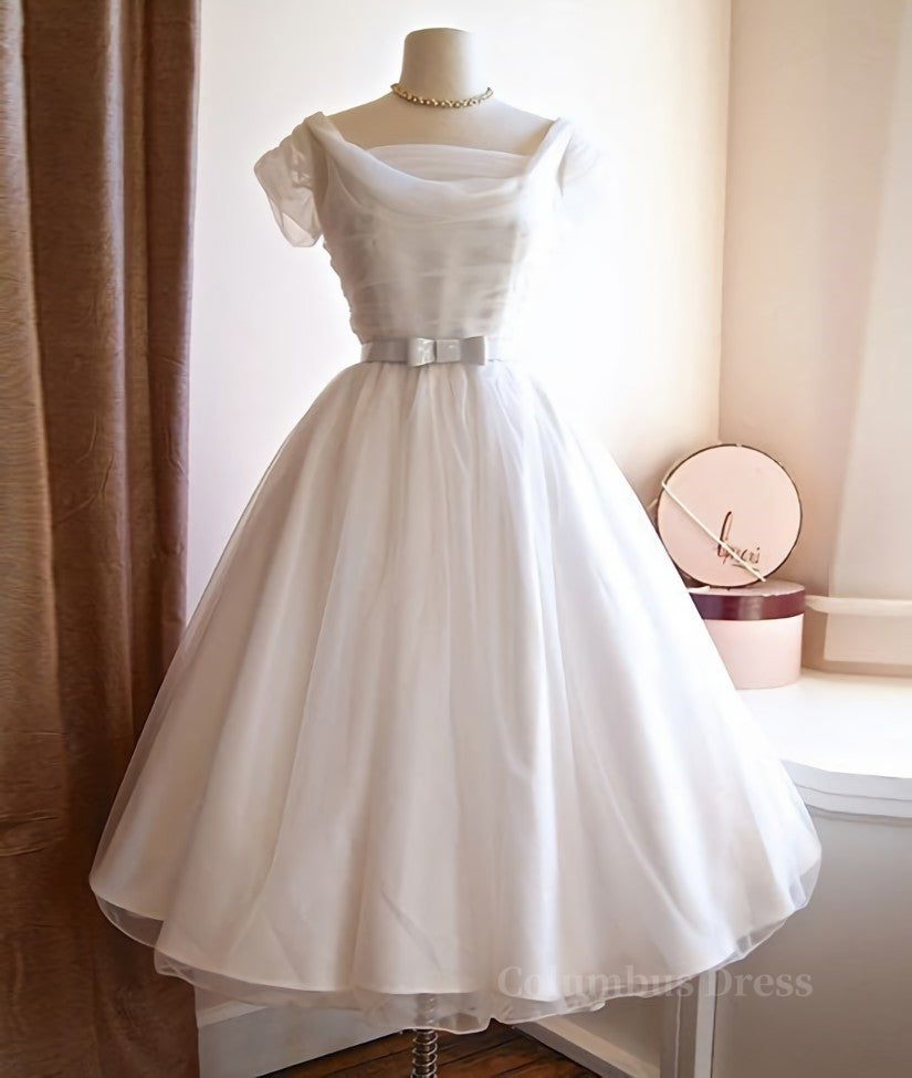 Wedding Dress Long Sleeve, Round-Neck White Tulle Short Retro Prom Dresses, Retro Wedding Dresses