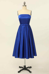 Party Dress Patterns, Royal Blue A-line Fold Strapless Lace-Up Back Satin Mini Homecoming Dress