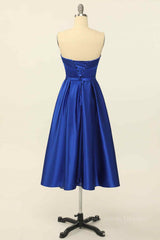 Party Dress Jeans, Royal Blue A-line Fold Strapless Lace-Up Back Satin Mini Homecoming Dress