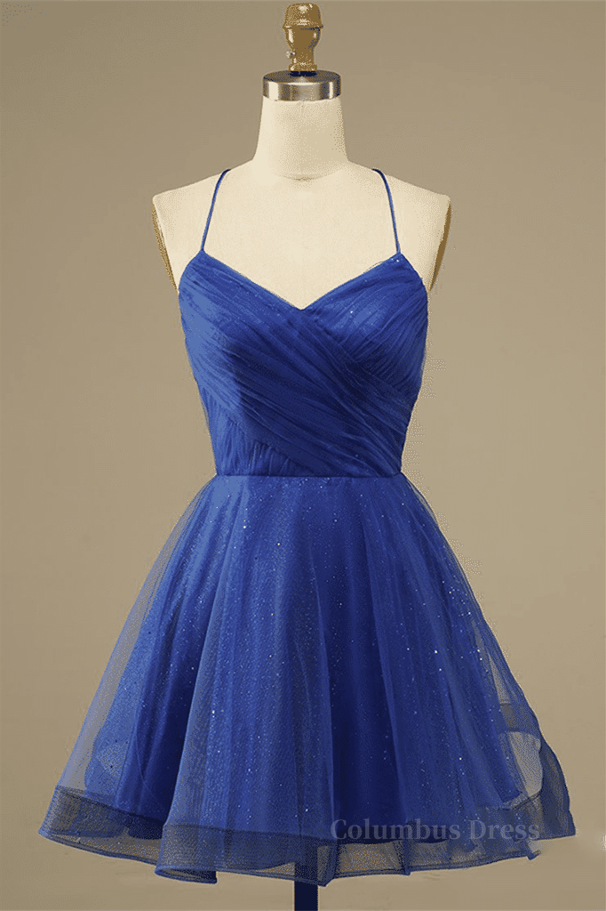 Formal Dress Black Dress, Royal Blue A-line Lace-Up Back Surplice Tulle Mini Homecoming Dress