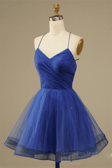 Formal Dress Classy, Royal Blue A-line Lace-Up Back Surplice Tulle Mini Homecoming Dress