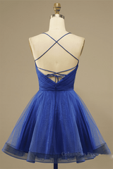 Formal Dressed Long Gowns, Royal Blue A-line Lace-Up Back Surplice Tulle Mini Homecoming Dress
