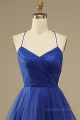 Formal Dress Long Gown, Royal Blue A-line Lace-Up Back Surplice Tulle Mini Homecoming Dress
