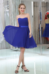Formal Dresses For Weddings, Royal Blue Chiffon Strapless Simple Homecoming Dresses