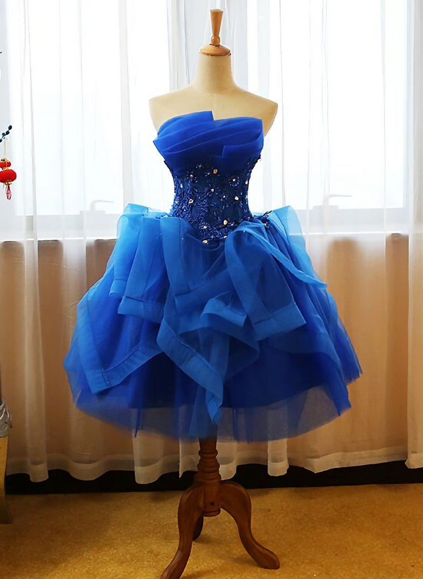Prom Dress Long, Royal Blue Knee Length Party Dress with Applique, Short Prom Dress