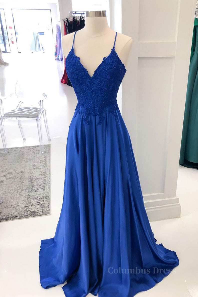 Homecoming Dresses Laces, Royal blue lace satin long prom dress blue formal dress