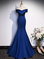 Prom Dress With Long Sleeves, Royal Blue Mermaid Satin Long Prom Dress, Off Shoulder Blue Evening Dress