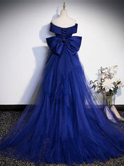 Prom Dresses With Long Sleeves, Royal Blue Mermaid Satin Long Prom Dress, Off Shoulder Blue Evening Dress