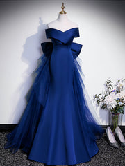 Prom Dress Outfit, Royal Blue Mermaid Satin Long Prom Dress, Off Shoulder Blue Evening Dress