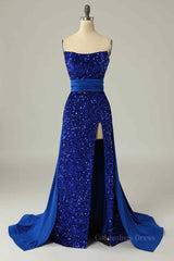 Party Dress Christmas, Royal Blue Mermaid Strapless Sequins Slit Long Prom Dress