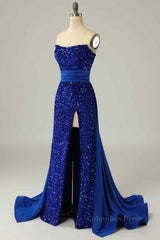 Party Dress White, Royal Blue Mermaid Strapless Sequins Slit Long Prom Dress